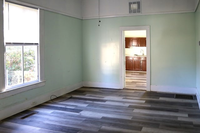 unfurnished room featuring dark hardwood / wood-style floors and sink