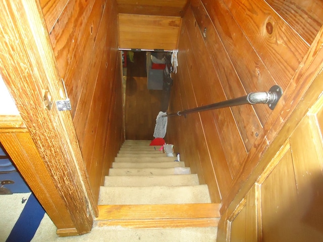 stairway with wood walls