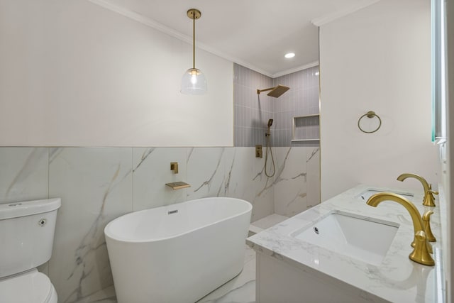 919 54th St, Columbus, GA 31904 - full bath with ornamental molding, a freestanding bath, vanity, tile walls, and a tile shower