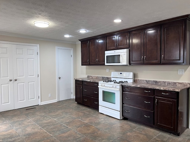 4517 Sherwood Ave, Columbus, GA 31904 - kitchen featuring white appliances, crown molding, dark brown cabinets, recessed lighting, and a textured ceiling