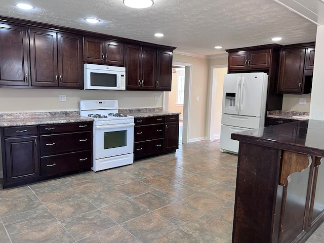 4517 Sherwood Ave, Columbus, GA 31904 - kitchen with white appliances, ornamental molding, dark brown cabinetry, a textured ceiling, and recessed lighting
