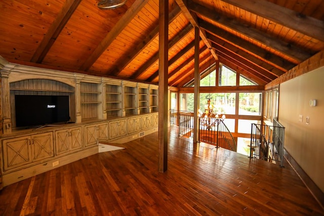 unfurnished living room with hardwood / wood-style floors, vaulted ceiling with beams, and wooden ceiling