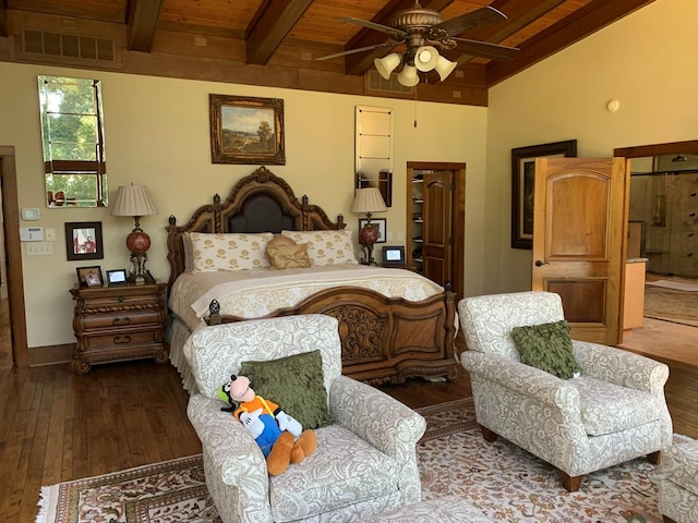 bedroom featuring lofted ceiling with beams, ceiling fan, dark wood-type flooring, and wood ceiling