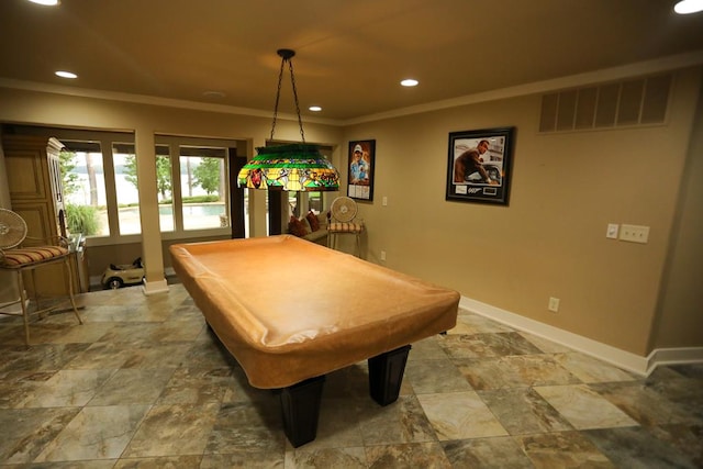 rec room featuring ornamental molding and pool table