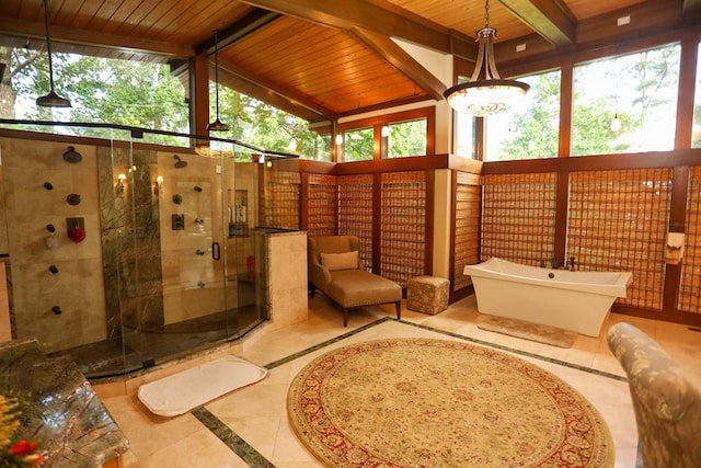 sunroom with lofted ceiling with beams, wood ceiling, and a wealth of natural light