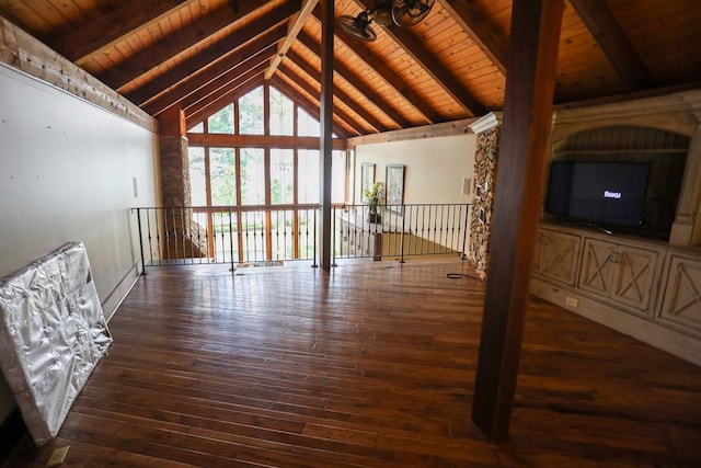 living room with beam ceiling, dark hardwood / wood-style flooring, wooden ceiling, and high vaulted ceiling