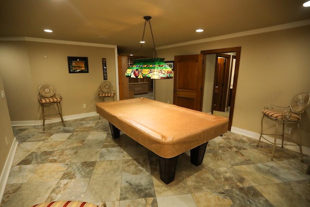 recreation room with crown molding and pool table