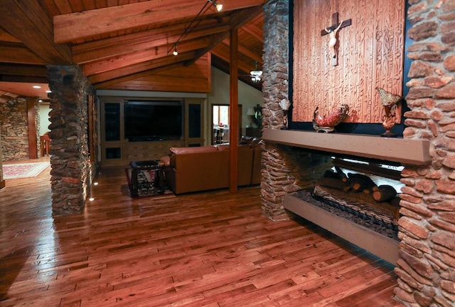 living room with beamed ceiling, wood-type flooring, high vaulted ceiling, and wooden ceiling