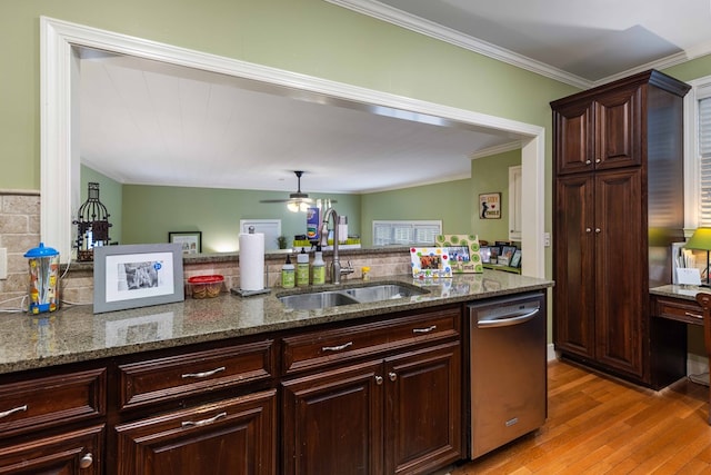 1811 Park Dr, Columbus, GA 31906 - kitchen with dishwasher, ornamental molding, a ceiling fan, light wood-style floors, and decorative backsplash