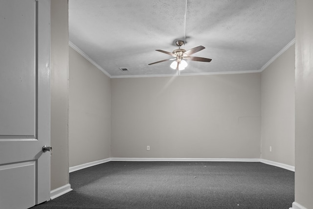 empty room featuring baseboards, ceiling fan, crown molding, a textured ceiling, and carpet floors