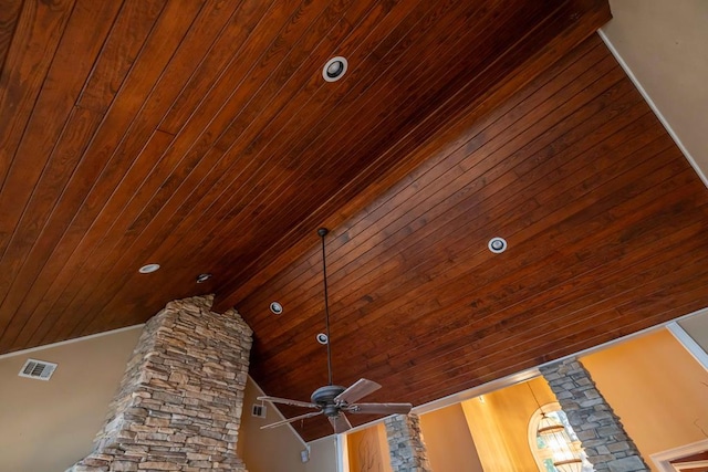 room details with wood ceiling, beamed ceiling, a ceiling fan, and visible vents