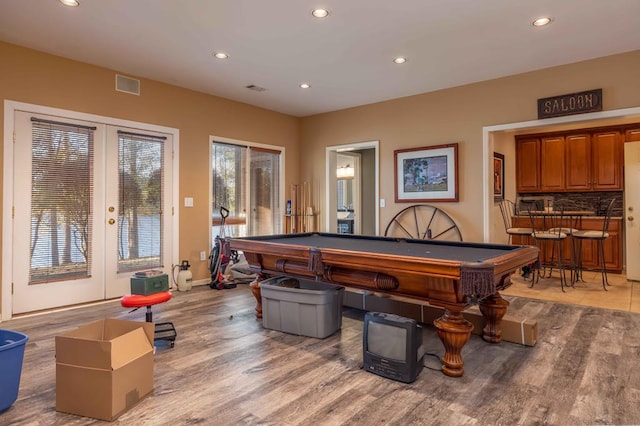 playroom featuring visible vents, recessed lighting, pool table, french doors, and light wood-type flooring