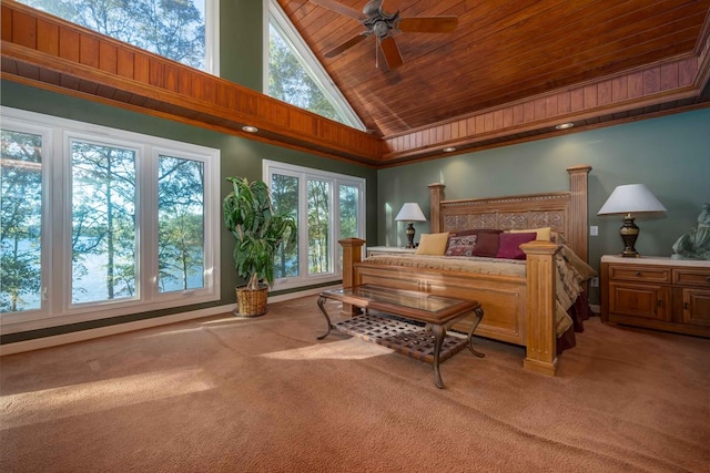 bedroom featuring light colored carpet, wooden ceiling, and high vaulted ceiling