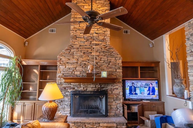 unfurnished living room featuring visible vents, wooden ceiling, crown molding, and vaulted ceiling