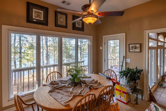 dining space with visible vents, a ceiling fan, and tile patterned flooring