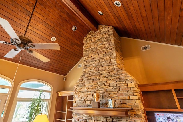 interior details featuring visible vents, wooden ceiling, and ceiling fan