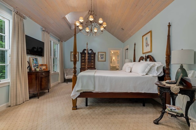 bedroom with an inviting chandelier, wood ceiling, light carpet, vaulted ceiling, and baseboards