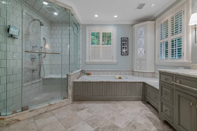 full bath with a stall shower, visible vents, ornamental molding, vanity, and a bath