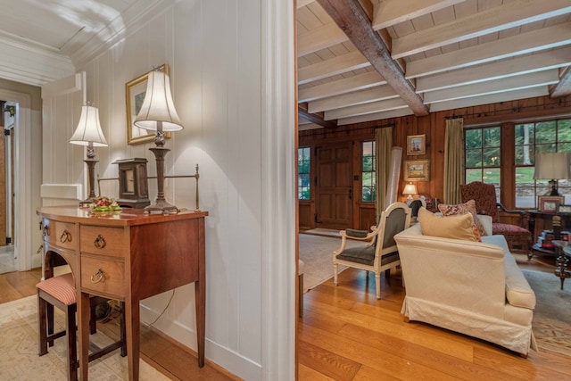 interior space featuring wood ceiling, beam ceiling, and hardwood / wood-style floors