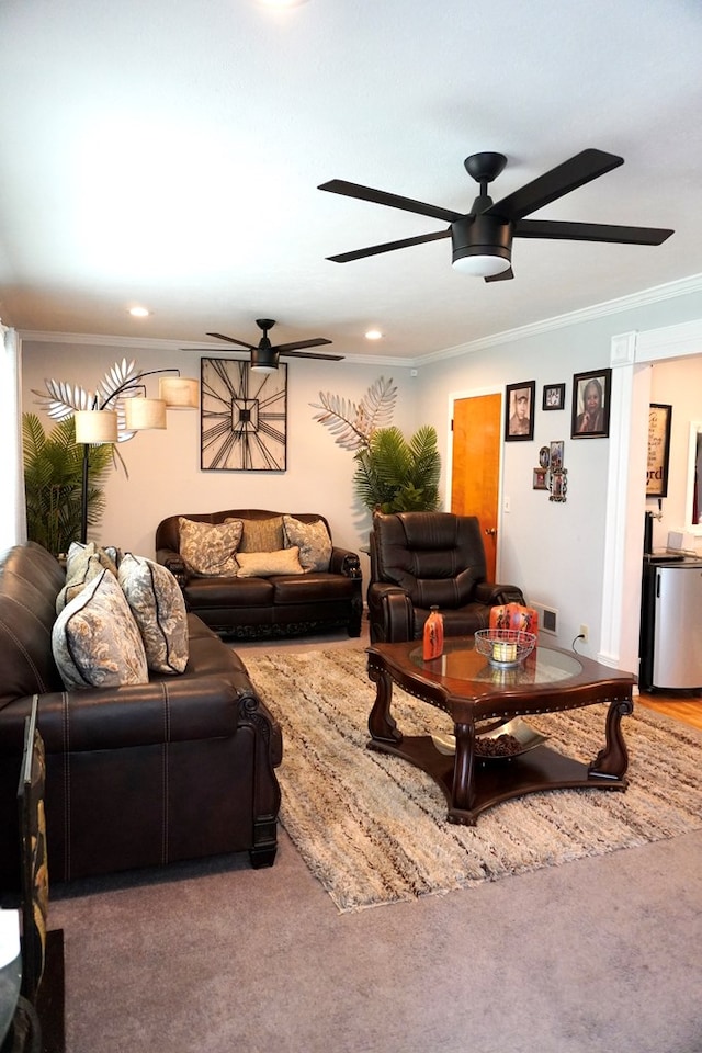 404 19th Ave, Phenix City, AL 36869 - carpeted living area featuring ornamental molding, a ceiling fan, and recessed lighting