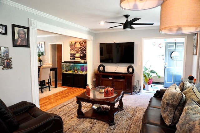 404 19th Ave, Phenix City, AL 36869 - living room featuring ceiling fan, crown molding, and wood finished floors