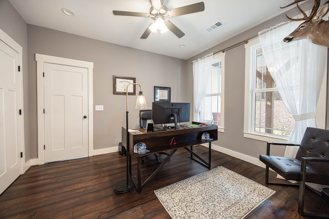 office featuring ceiling fan and dark hardwood / wood-style flooring