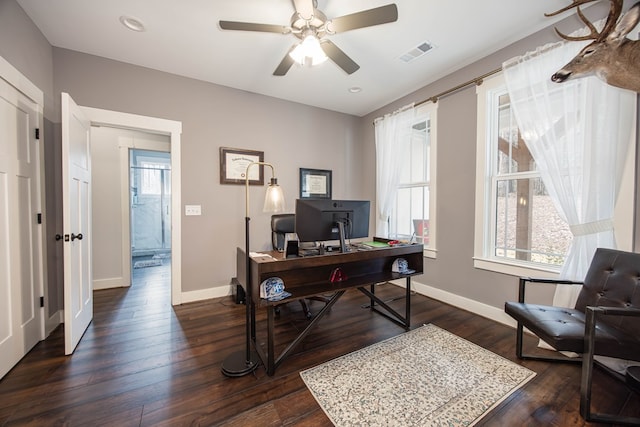 office area featuring ceiling fan and dark hardwood / wood-style floors