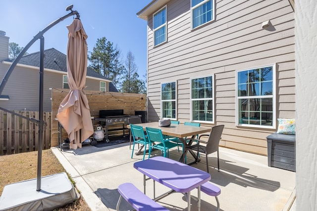 view of patio / terrace featuring a fenced backyard, a grill, and outdoor dining area