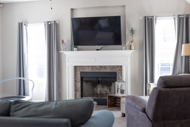 living room with a fireplace