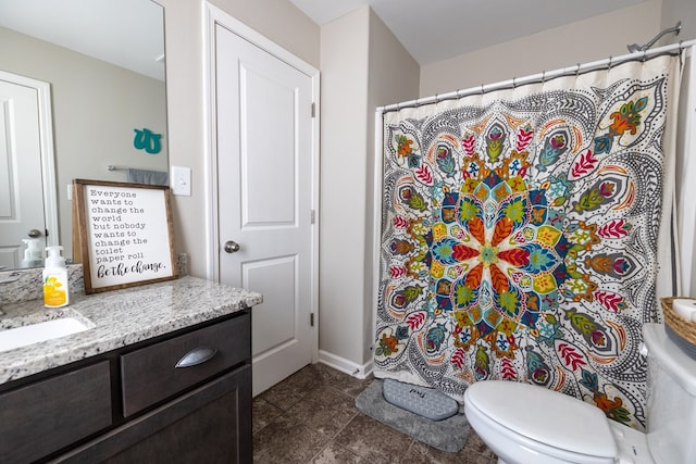 bathroom with toilet, a shower with curtain, tile patterned flooring, and vanity