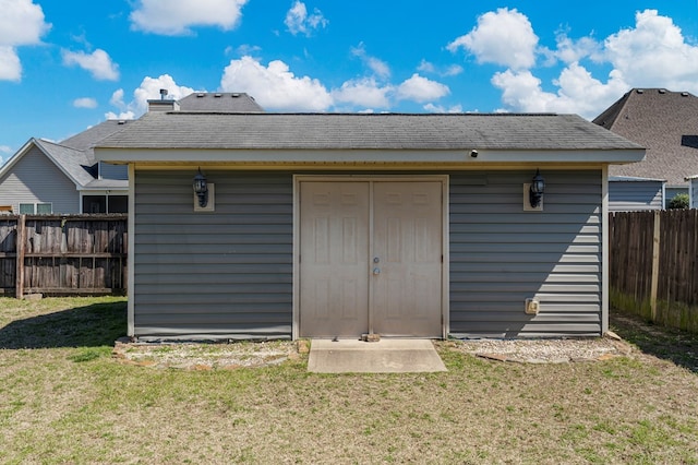 view of shed with a fenced backyard