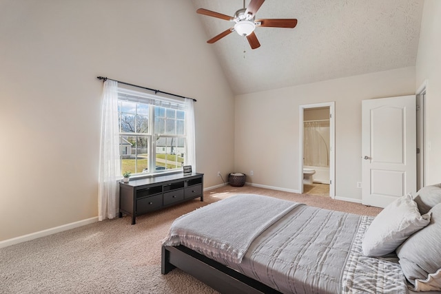 bedroom with baseboards, carpet floors, and high vaulted ceiling