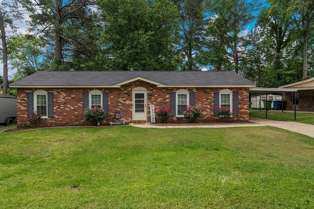 single story home with concrete driveway, brick siding, a carport, and a front lawn