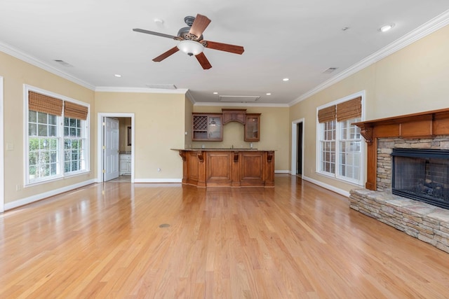 5110 Midland Trce, Columbus, GA 31820 - unfurnished living room featuring a fireplace, ornamental molding, light wood-type flooring, recessed lighting, and ceiling fan