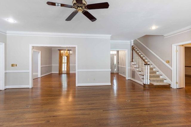 5110 Midland Trce, Columbus, GA 31820 - unfurnished living room featuring stairway, a chandelier, crown molding, a ceiling fan, and wood finished floors