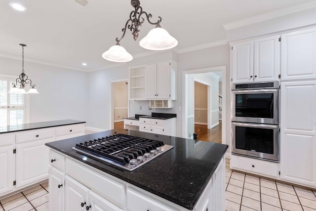 5110 Midland Trce, Columbus, GA 31820 - kitchen with stainless steel appliances, ornamental molding, open shelves, light tile patterned flooring, and dark stone counters