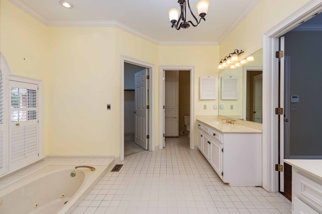 5110 Midland Trce, Columbus, GA 31820 - full bathroom featuring vanity, crown molding, a tub with jets, a chandelier, and tile patterned flooring