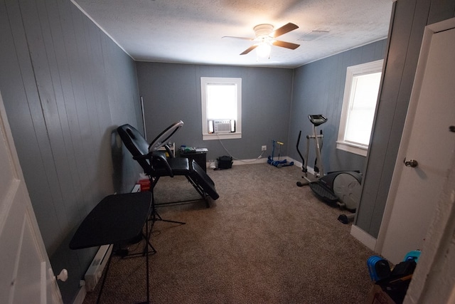 50 Old Opelika Rd, Phenix City, AL 36870 - workout room featuring carpet, cooling unit, a ceiling fan, wood walls, and a textured ceiling