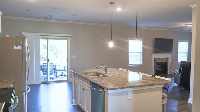 8840 Sullivans Dr, Midland, GA 31820 - kitchen featuring appliances with stainless steel finishes, a sink, dark wood-style flooring, a fireplace, and a center island with sink
