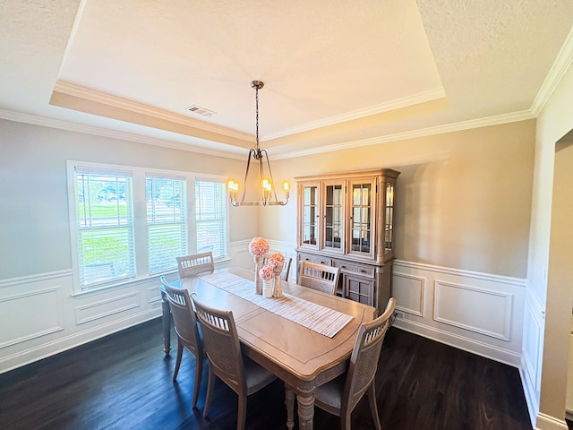 8840 Sullivans Dr, Midland, GA 31820 - dining room with a chandelier, a tray ceiling, dark wood-type flooring, a wainscoted wall, and crown molding