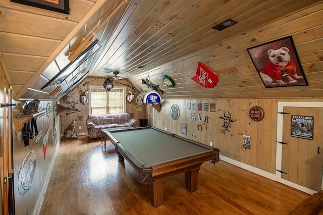 3450 Mckee Rd, Upatoi, GA 31829 - rec room featuring vaulted ceiling, wood-type flooring, wooden walls, billiards, and wooden ceiling