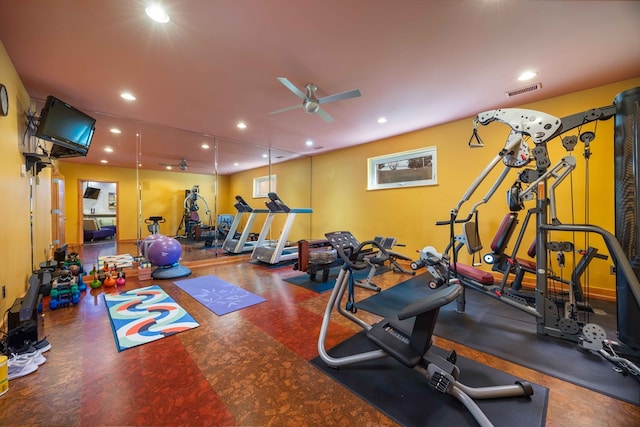 gym featuring ceiling fan