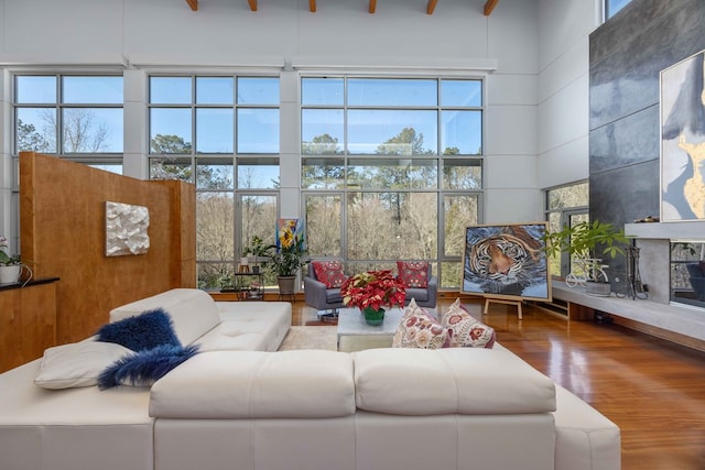 sunroom with beamed ceiling