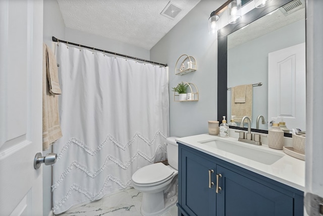 4607 N Tillery Dr, Phenix City, AL 36870 - bathroom with marble look tile flooring, vanity, a textured ceiling, and a shower with shower curtain