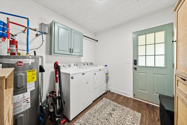 4607 N Tillery Dr, Phenix City, AL 36870 - washroom with electric water heater, cabinet space, washing machine and clothes dryer, dark wood-type flooring, and a textured ceiling