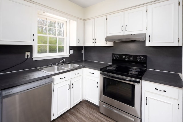 kitchen featuring a sink, dark countertops, under cabinet range hood, and stainless steel appliances