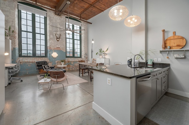 1201 Front Ave Unit 419, Columbus, GA 31901 - kitchen featuring a sink, wood ceiling with exposed beams, stainless steel dishwasher, dark countertops, and healthy amount of natural light