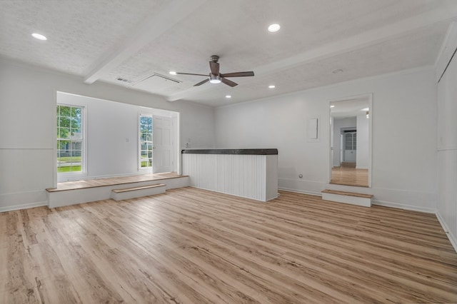 4975 Glacier Dr, Columbus, GA 31907 - unfurnished living room with wood finished floors, a ceiling fan, recessed lighting, beam ceiling, and a dry bar