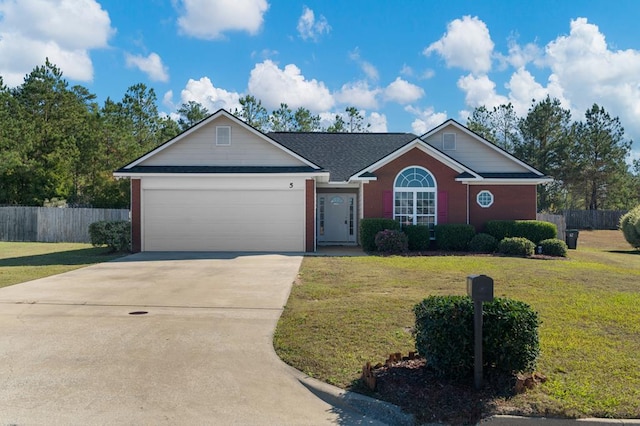 ranch-style home with a garage and a front lawn