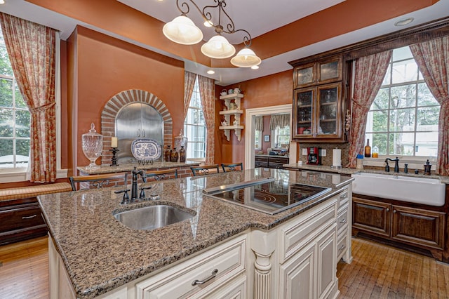 kitchen with light wood-type flooring, electric cooktop, a kitchen island with sink, and sink